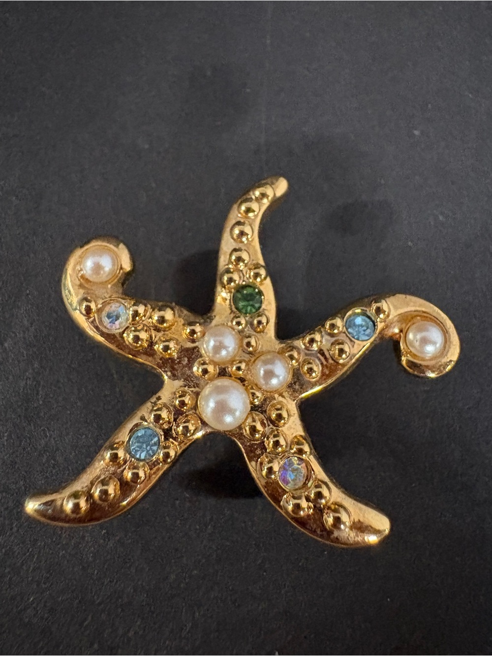 Vintage Avon Gold Tone Starfish Brooch with Pearls Colored Rhinestones